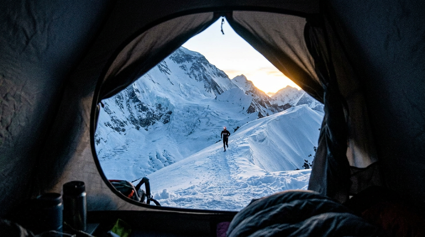 Chris Big MacDonald på afstand, set fra en bjergbestigers teltåbning, mens han løber op ad Mount Everest