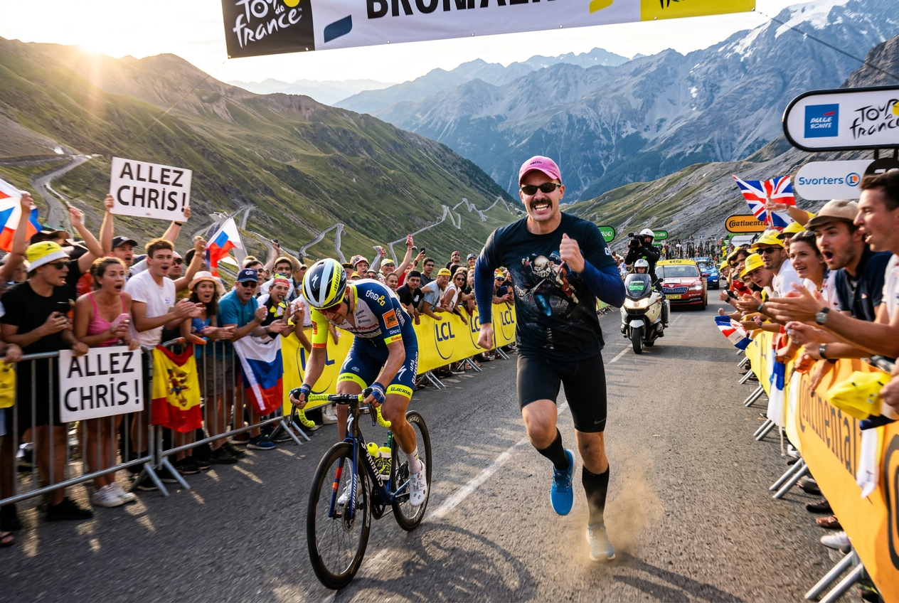 Chris Big MacDonald løber fra en professionel cykelrytter op ad et bjergpas under Tour de France