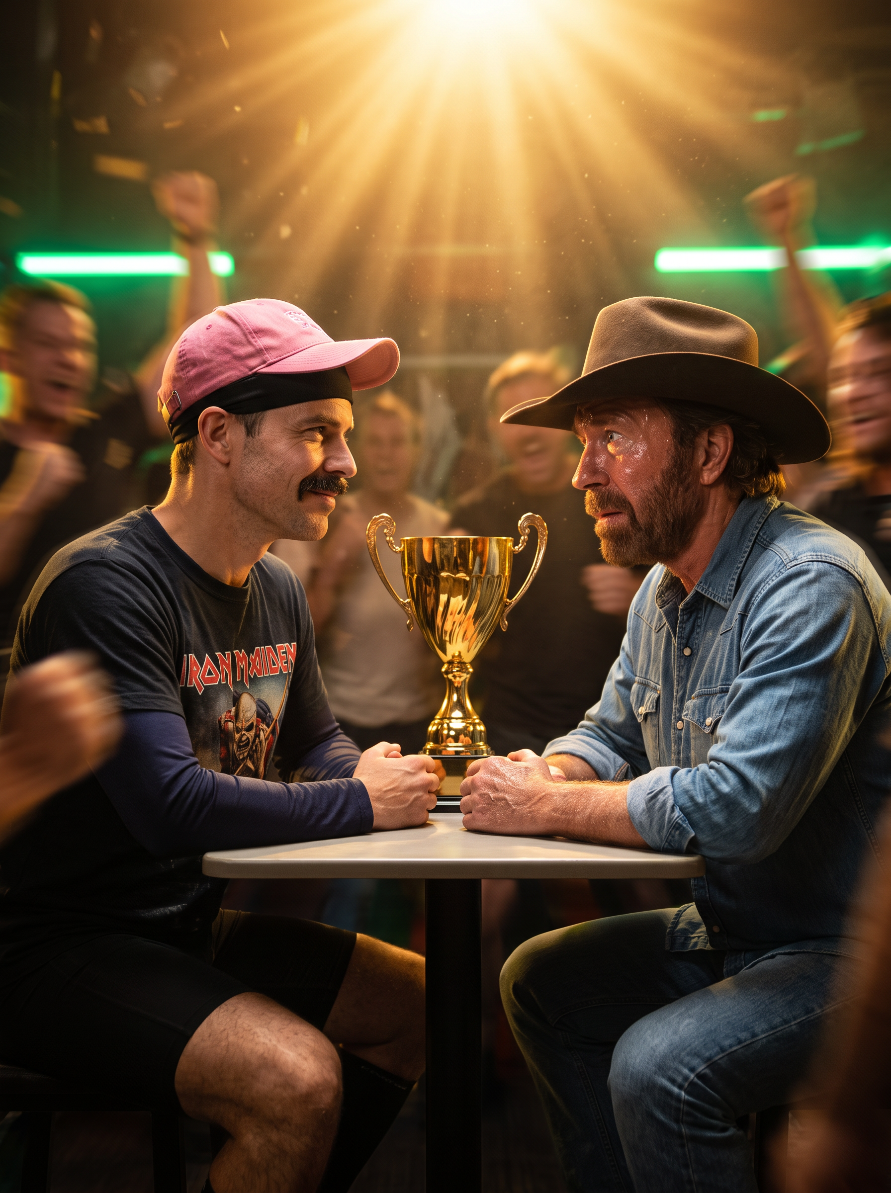 Chris Big MacDonald vinder en 'hvem blinker først' konkurrence mod Chuck Norris